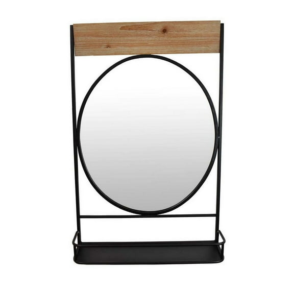 Benjara BM331362 Feno Decorative Wall Mirror with Rack - Round Black Metal Frame - 30 in.