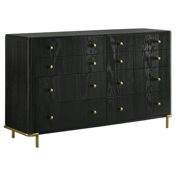 Fij Dresser, 8 Drawers, Golden Metal Stand Base Legs, Knobs, Black Wood
