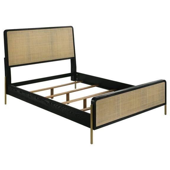 Fij Queen Size Bed, Natural Rattan Woven Panel Headboard, Gold Legs, Black