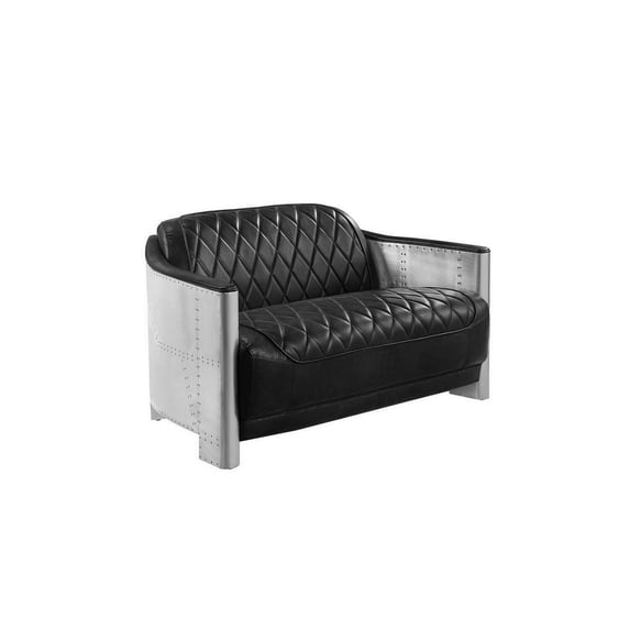 Benjara Filia 50 Inch Loveseat, Black Top Grain Leather Upholstery, Gray Metal-Color:BlackMaterial