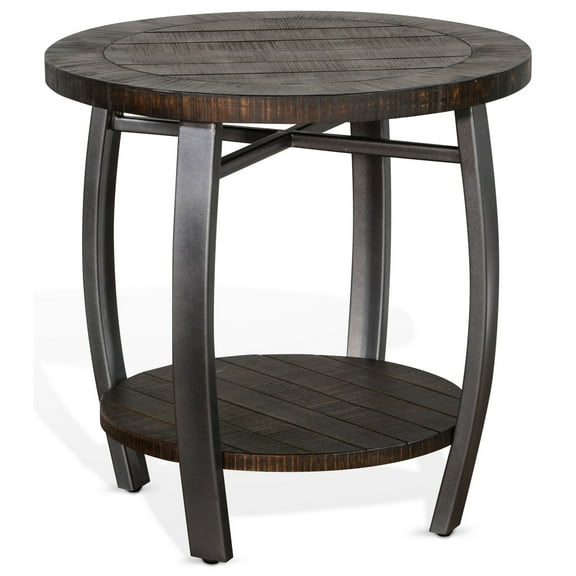 Flint Side End Table w Shelf, Barrel Shape, 24 Inch Dark Brown Round