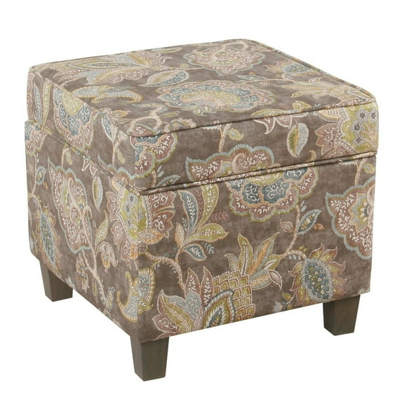 Benjara Floral Pattern Fabric Upholstered Wooden Ottoman with Lift Off Top and Tapered Feet, Multicolor