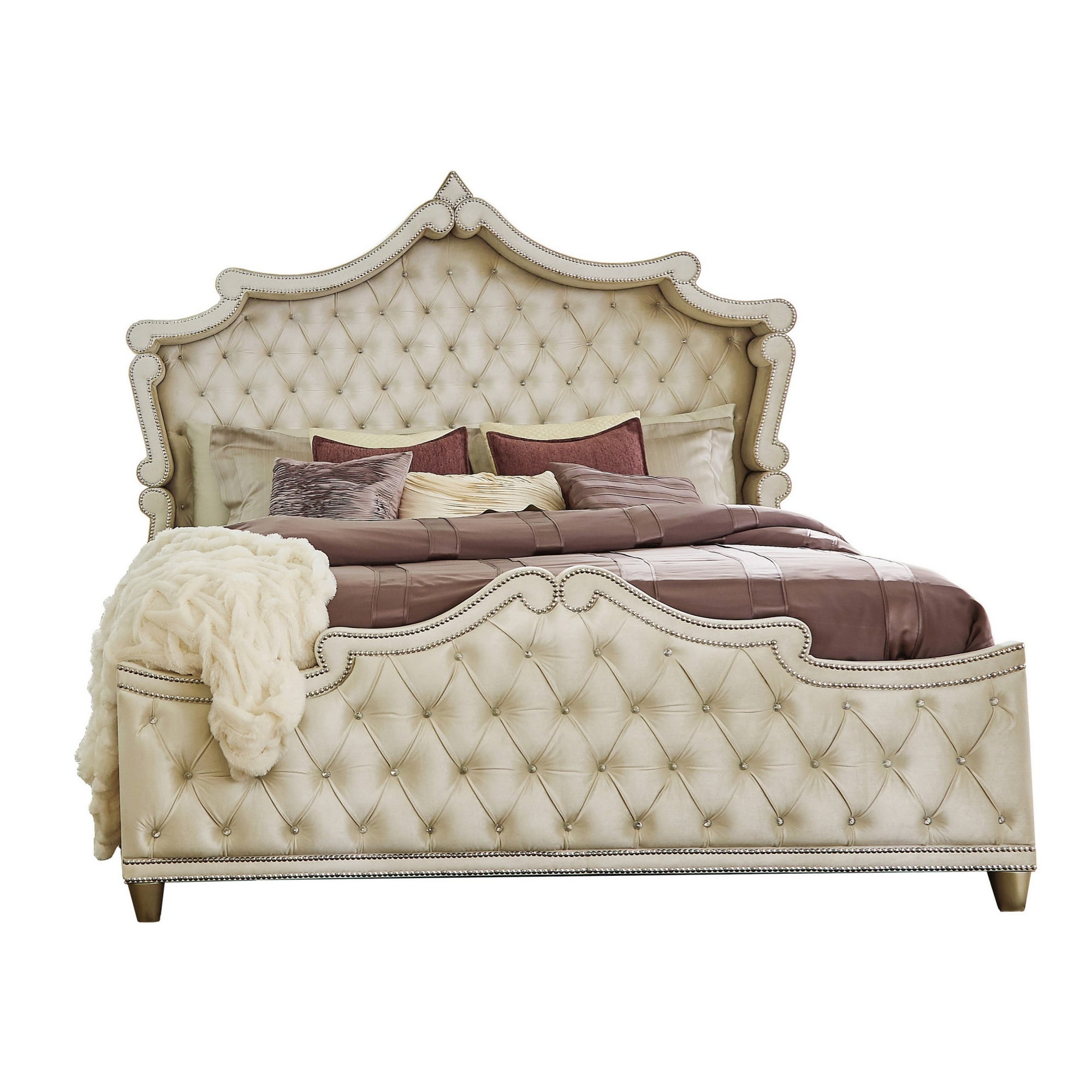 Lino Wood King Bed, Opulent Tufted Velvet Upholstery, French Carved, Ivory