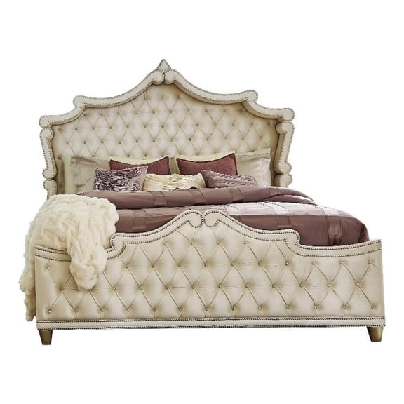 Benjara Lino Wood Queen Bed- Opulent Tufted Velvet- French Carved- Ivory