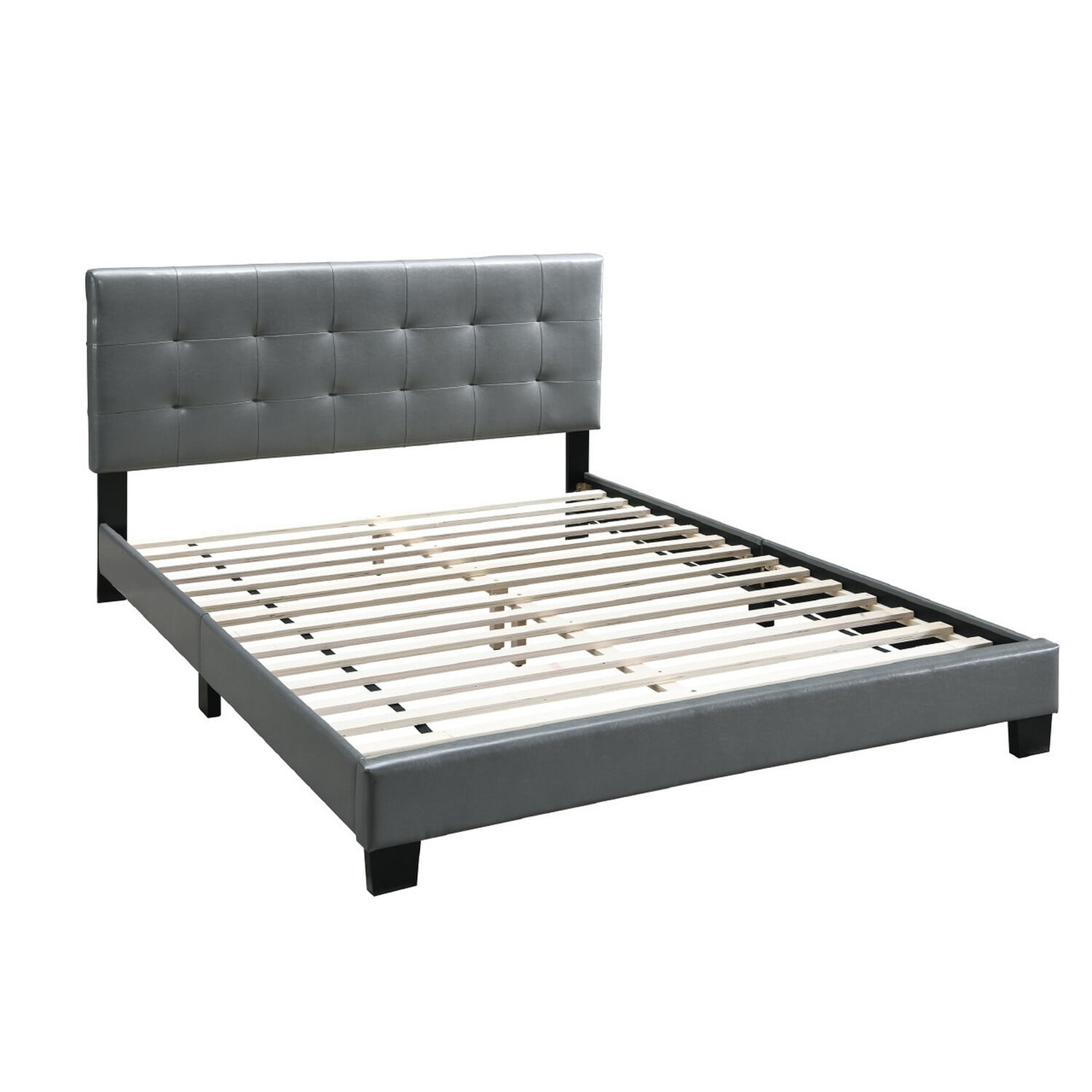 Full Leatherette Bed with Checkered Tufted Headboard, Gray