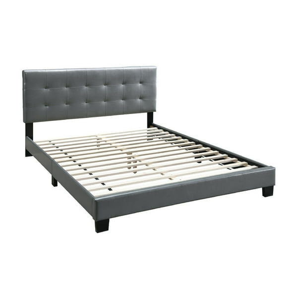 Full Leatherette Bed with Checkered Tufted Headboard, Gray