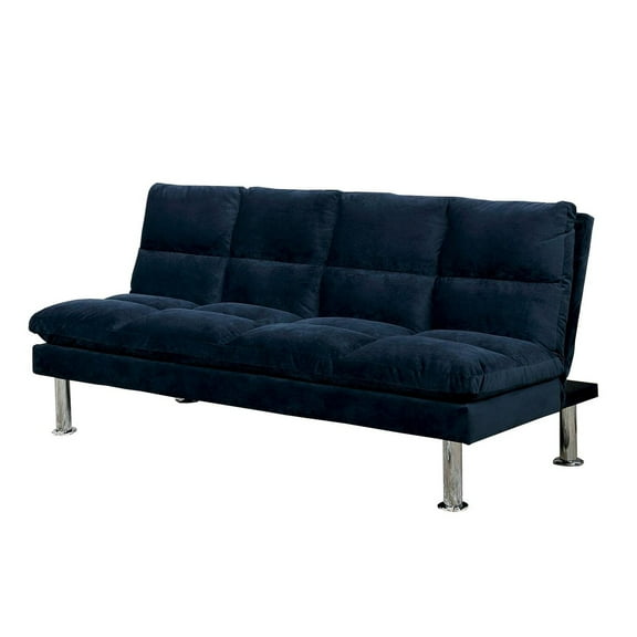 Futon Sofa with Tufted Padded Seating and Metal Legs Blue