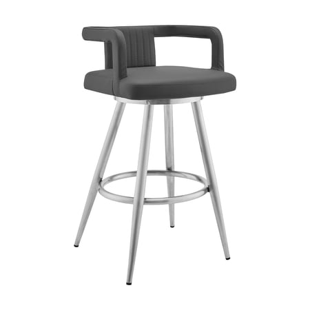 Benjara Gabriele 26" Gray Faux Leather and Brushed Stainless Steel Swivel Bar Stool