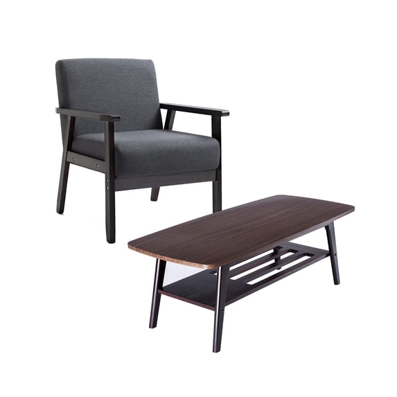 Benjara Gala Modern Coffee Table and Chair Set, Bottom Shelf, Padded Seat, Gray