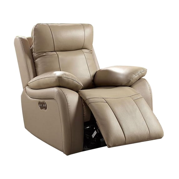 Benjara Gape 37 Inch Power Recliner, Lumbar Padded, USB Port, Leather, Light Brown