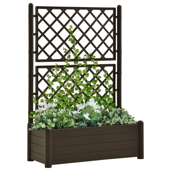 Benjara Garden Planter Flower Box with Trellis, Mocha Brown Plastic, Drainer