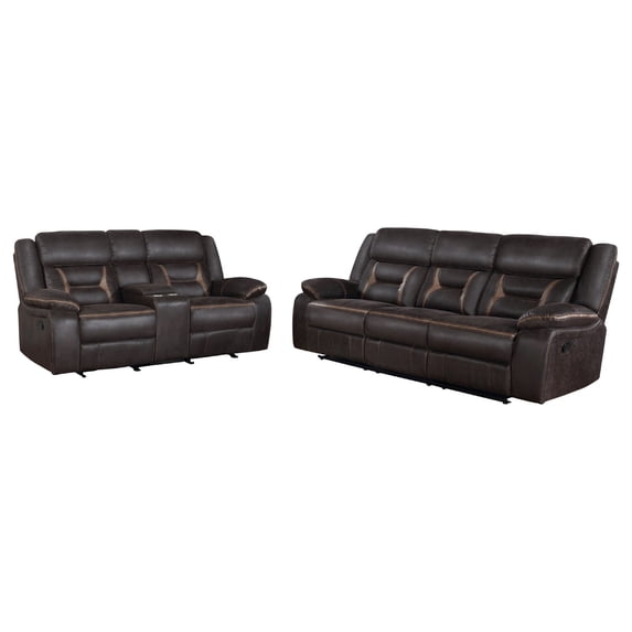 Benjara Garie 2pc Manual Reclining Sofa and Loveseat Set- Brown Faux Leather