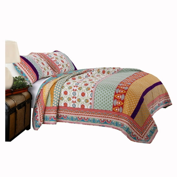 Benjara Geometric and Floral Print Twin Size Quilt Set with 1 Sham, Multicolor