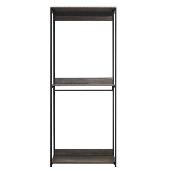 Benjara Gin Modular Closet System, 3 Rustic Gray Shelves, 2 Hanging Rods, Black