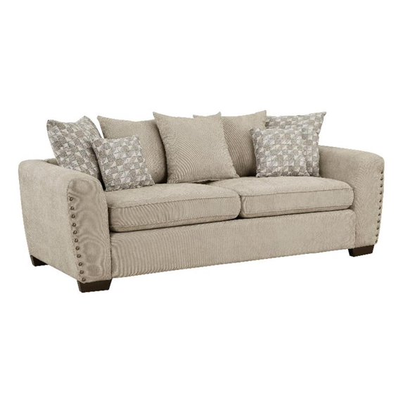 Gini 82 Inch Sofa- 7 Pillows- Nailhead Trim- Brown Chenille- Solid Wood