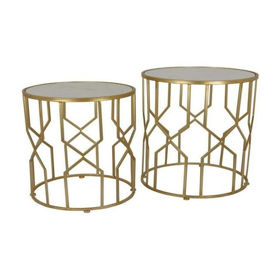 Kiko Set of 2 Accent Tables, Glass Round, Gold Metal Geometric Design