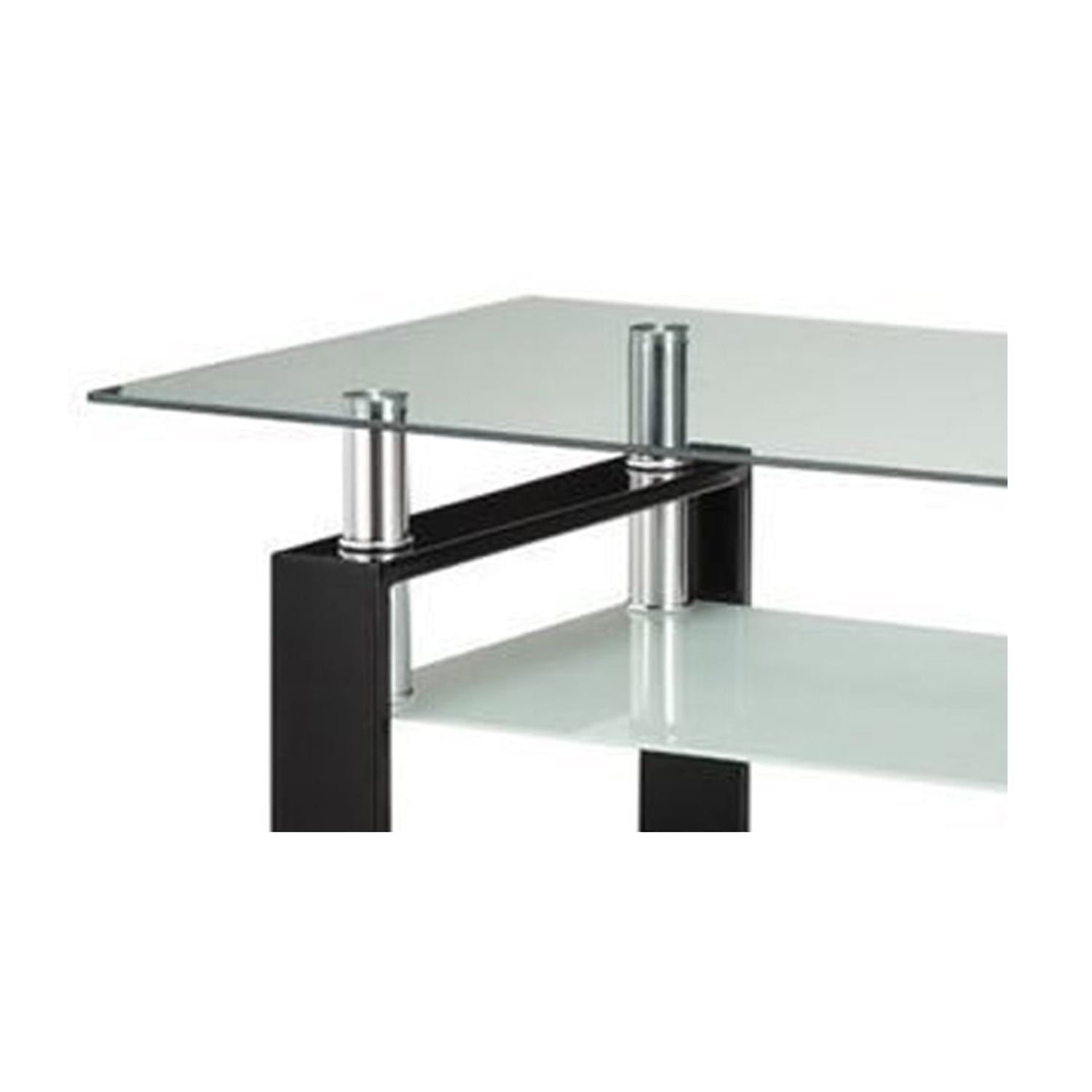Clear Glass Rectangular Coffee Table with Black Metal Base and Storage Shelf