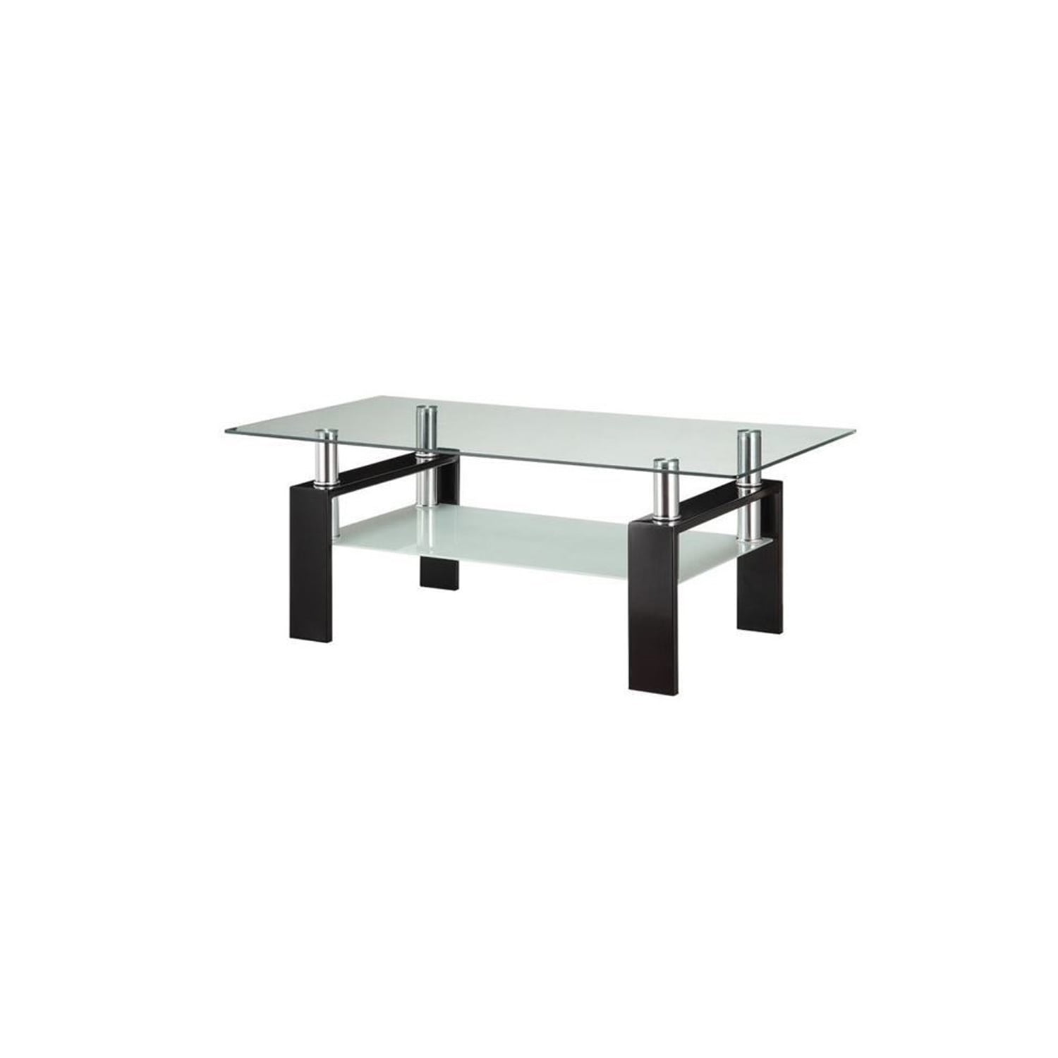 Clear Glass Rectangular Coffee Table with Black Metal Base and Storage Shelf