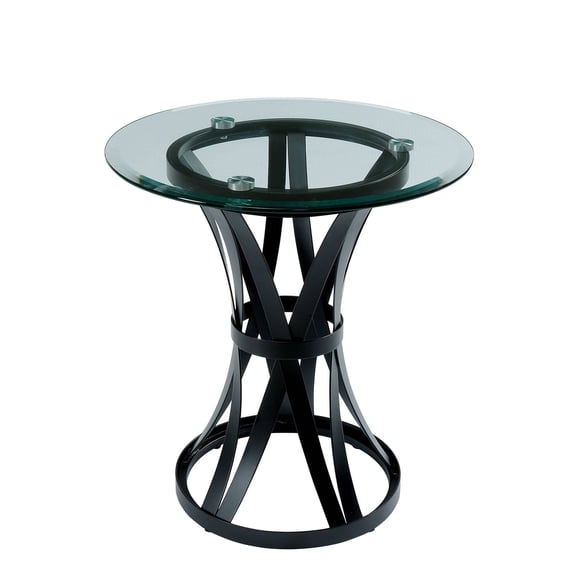 Benjara Glass Top End Table with Metal Ribbon Hourglass Style Base, Black