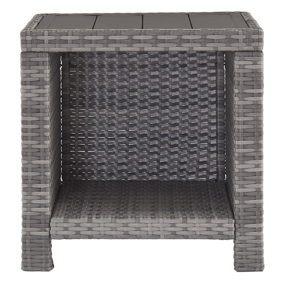 Benjara Handwoven Wicker End Table with Plank Style Top and Metal Frame, Gray