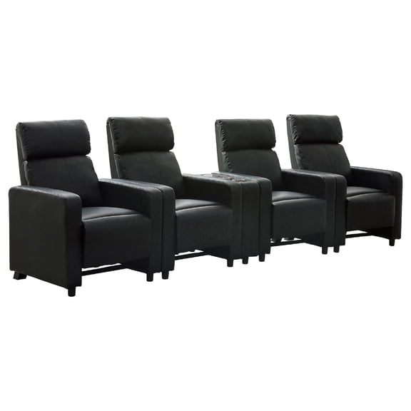 Benjara Heena Home Theater Set-4 Manual Recliners-1 Console-Black Faux Leather