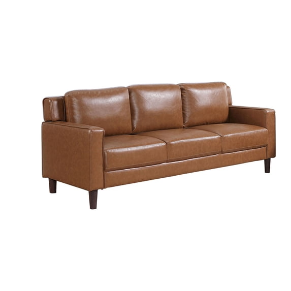 Benjara Heun 55 Inch Sofa, Modern, Soft Camel Brown Faux Leather, Square Track Arms