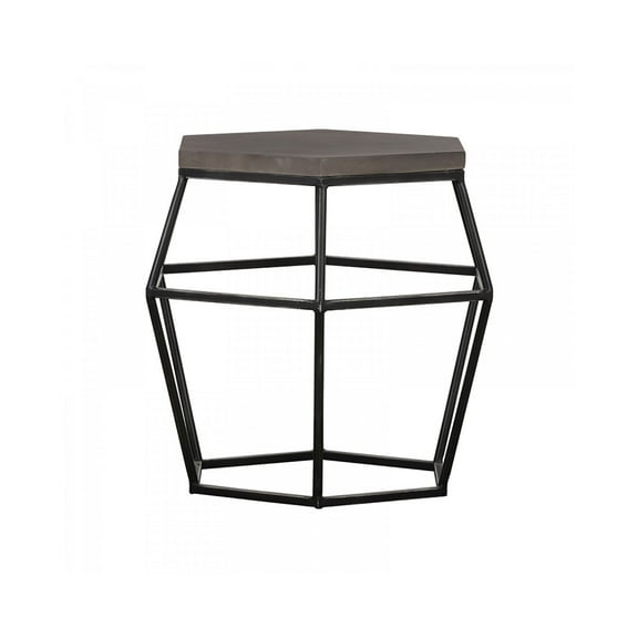 Hexagonal Concrete End Table with Metal Base, Gray and Black