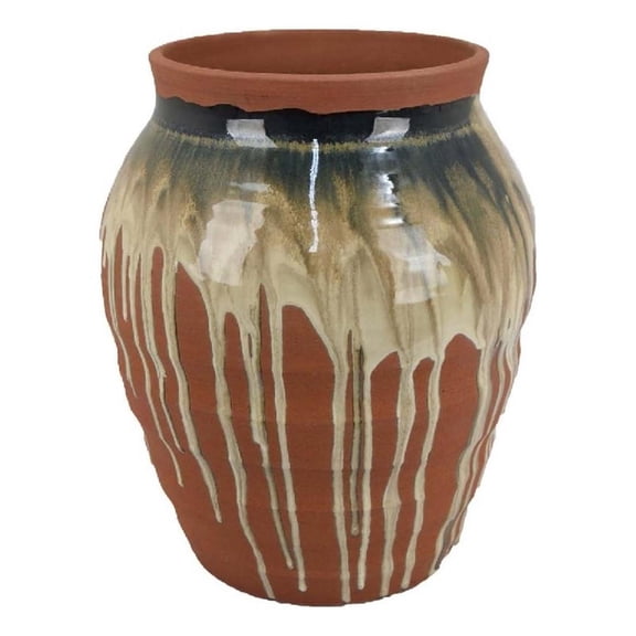 Benjara Hino Decorative Vase- Dripping Paint Texture- 13" Brown Ceramic
