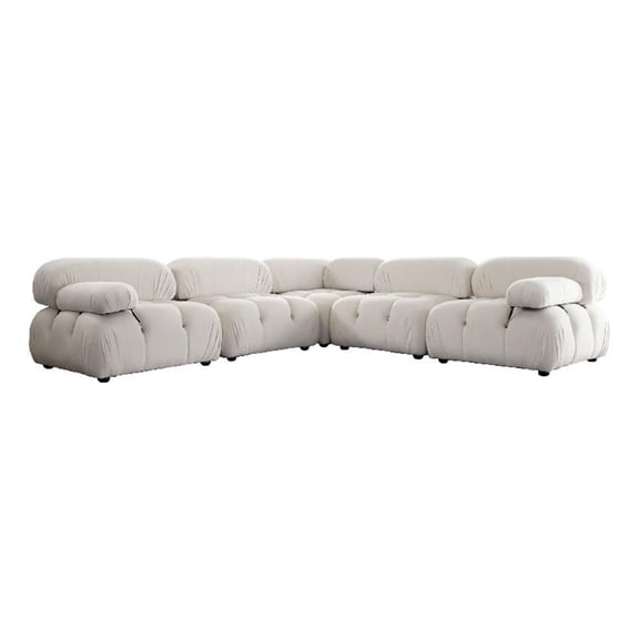 Benjara Hito 5 PC Modular Sectional L Sofa Set- Light Cream Bubble Grid Tufting