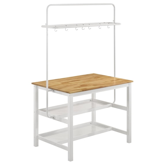 Benjara Hoa 77 Inch Counter Height Kitchen Table, Racks, Hook Stand, White Wood