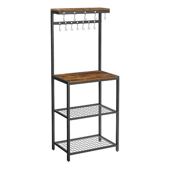 Hugh 57 Inch Baker Rack Kitchen Shelves, Microwave Stand, 12 Hooks, Brown