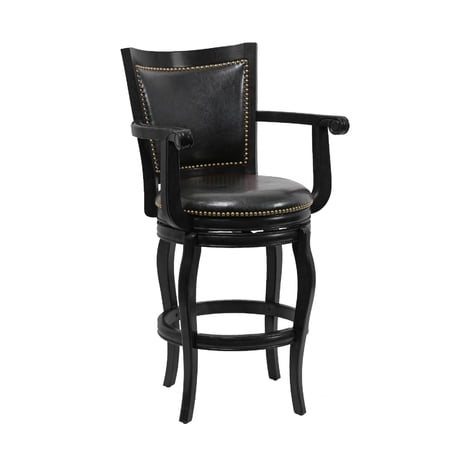 Hugo 29 Inch Swivel Barstool, Wood, Open Rolled Arms, Black