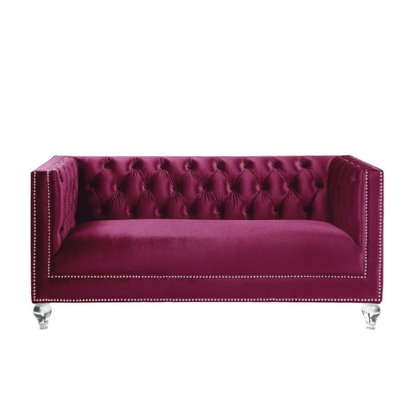 BenJara Ian 67 Inch Modern Loveseat, Chesterfield, Acrylic Feet, Burgundy Velvet