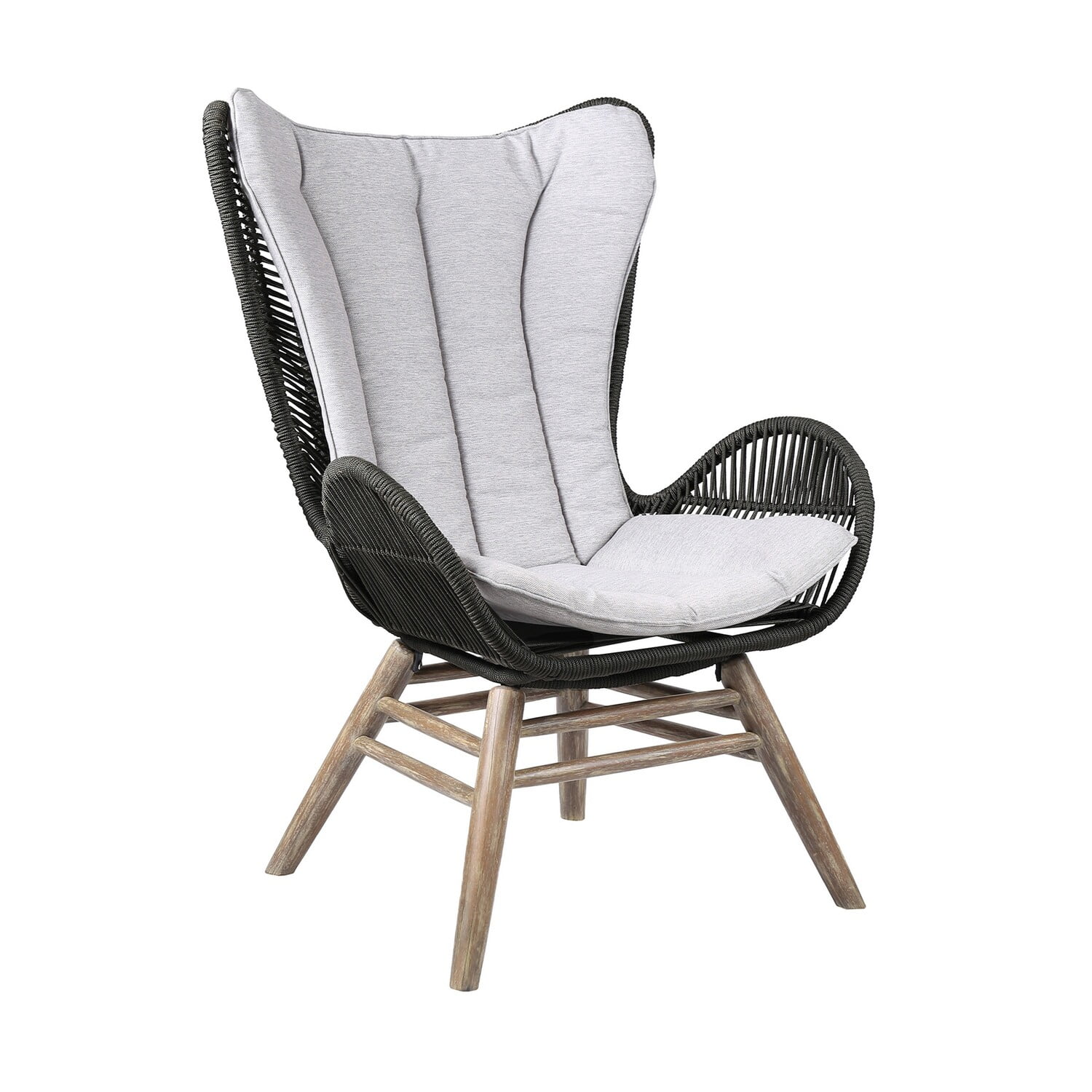Indoor Outdoor Wooden Lounge Chair with Intricate Rope Woven Wingback Gray