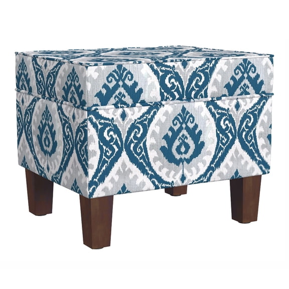 Benjara Ishi Accent Storage Ottoman- 22" Blue White Ikat Paisley Pattern