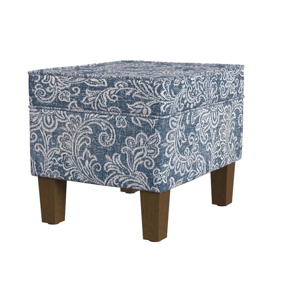 Benjara Ishi Accent Storage Ottoman- 22" Classic Denim Blue White Print