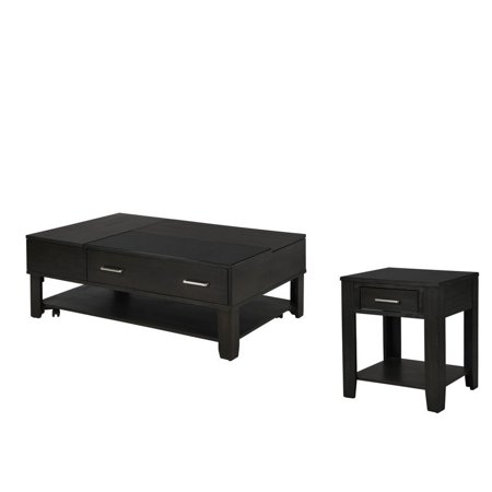 Benjara Ivo 2 Piece Lift Top Coffee and End Table Set with Tempered Glass Top, Gray