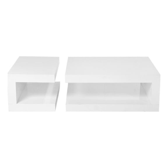 Benjara Jack 2 Piece Coffee Table Set- 2 Tiers- Tempered Glass- White Lacquer