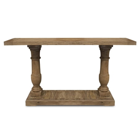 Benjara Jad 58 Inch Console Table, Turned Pillars, Plank Shelf, Natural Brown Wood