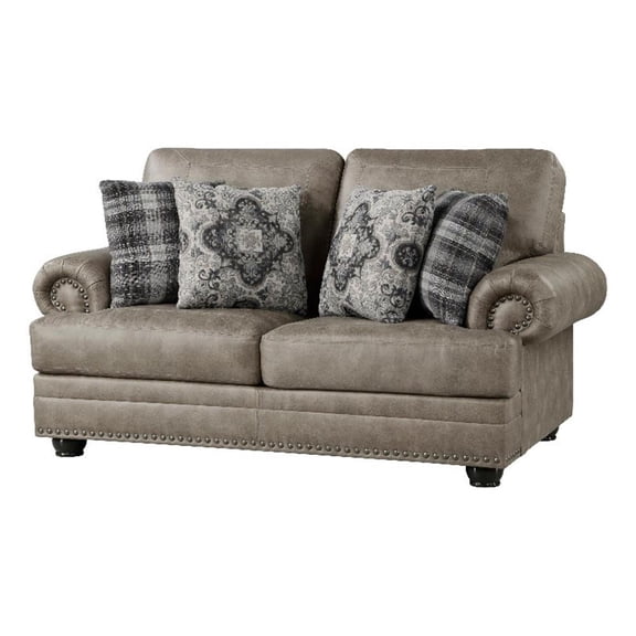 Jade 72 Inch Loveseat, Taupe Brown Microfiber, 4 Pillows, Cushioned, Wood