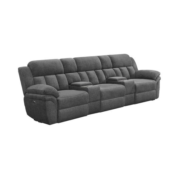 Jak Power Recliner Sofa, 2 Consoles, Cushioned Tufted Seats, Charcoal Gray
