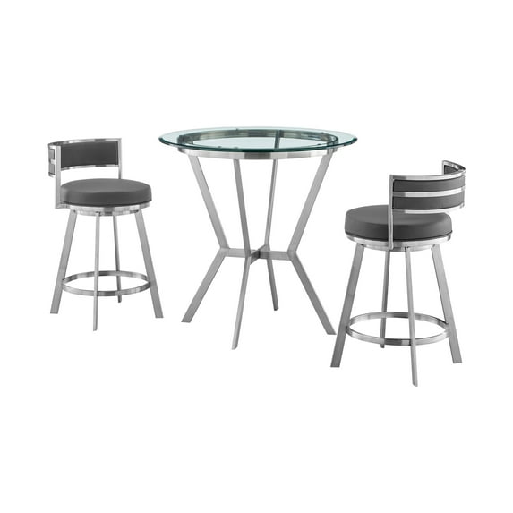 Benjara Jake 3 Piece Counter Height Dining Table Set, Round Glass Top, Gray, Chrome