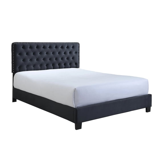 Benjara Jane Queen Size Bed, Low Profile, Black Tufted Fabric Upholstered Headboard