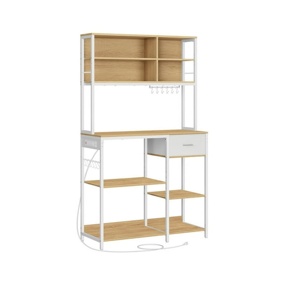 Benjara Jax 71 Inch Kitchen Storage Rack, 4 Tier Brown Shelves 1 Drawer, White Iron
