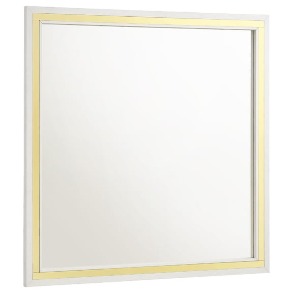 Benjara Jenny Square Dresser Mirror, Polished Golden Trim, White Wood-Melamine