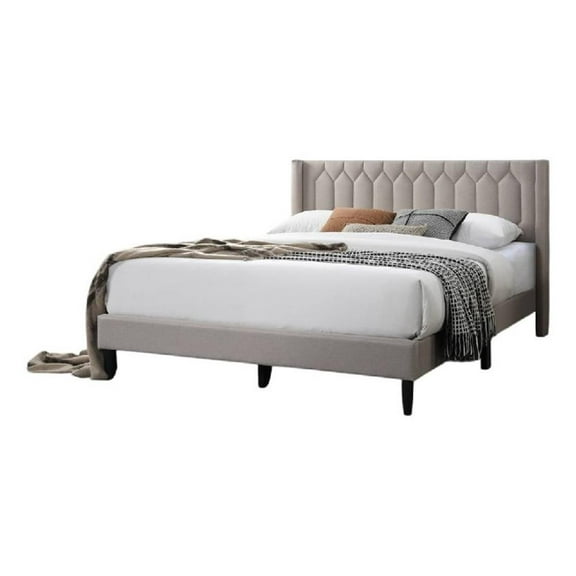 Jeo Queen Size Bed- Geometric Stitched Light Brown Burlap Upholstery