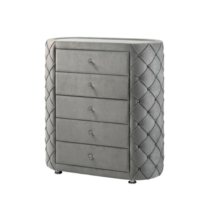 Benjara Jill 45 Inch Tall Upholstered Dresser Chest, Tufted Velvet, 2 Drawers, Grey