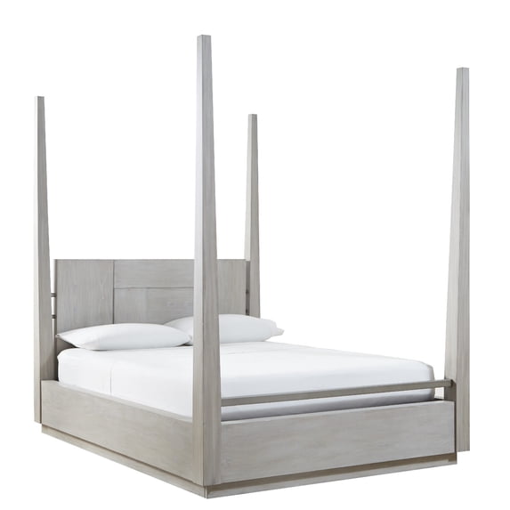 Benjara Joe Mahogany Wood Modern Platform Plinth Queen Bed, Canopy Posts, Gray