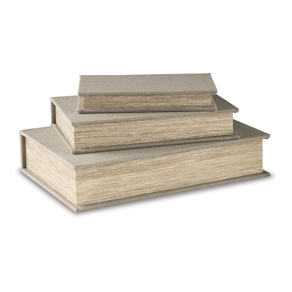 Benjara Jolly Decor Storage Book Box Set of 3, Beige Linen, Black Velvet Lining