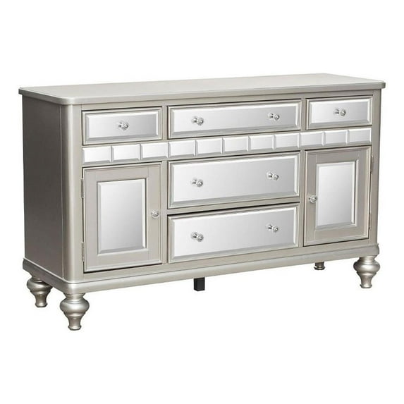 Jomo Sideboard Buffet Console- Mirror Front- 5 Drawers Silver- 57 Inch